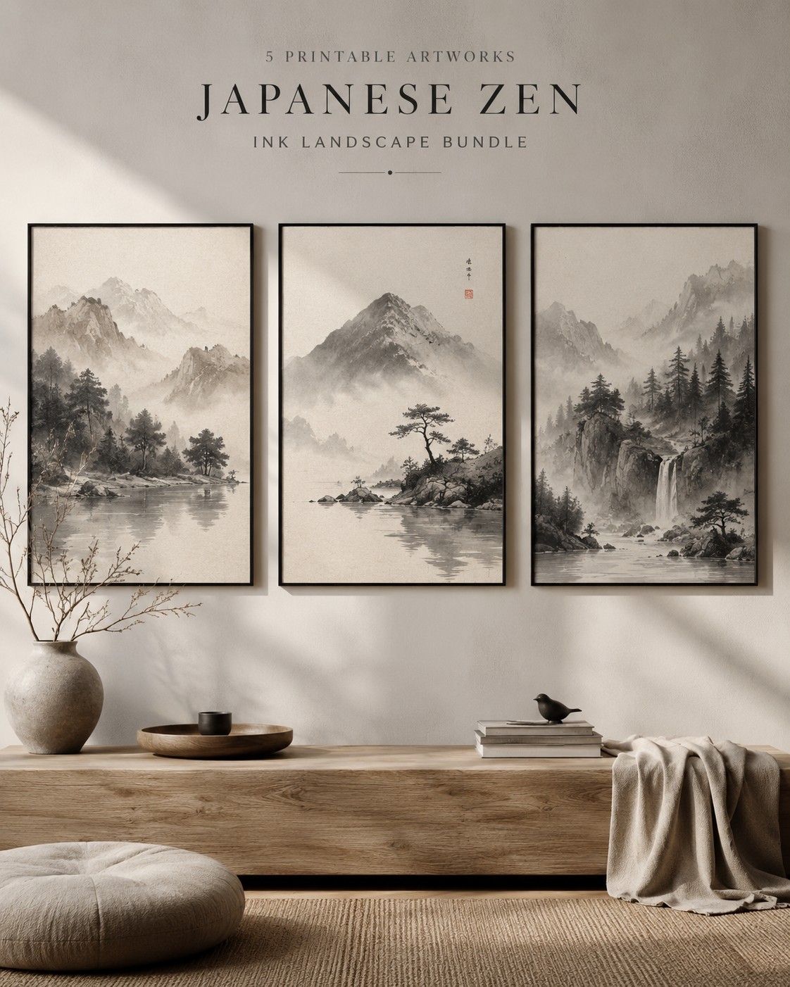 Japanese Zen Ink Landscape Collection – 5 Printable Artworks