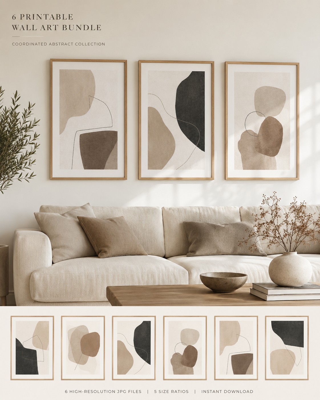 Neutral Organic Abstract Wall Art Set – 6 Printable Designs
